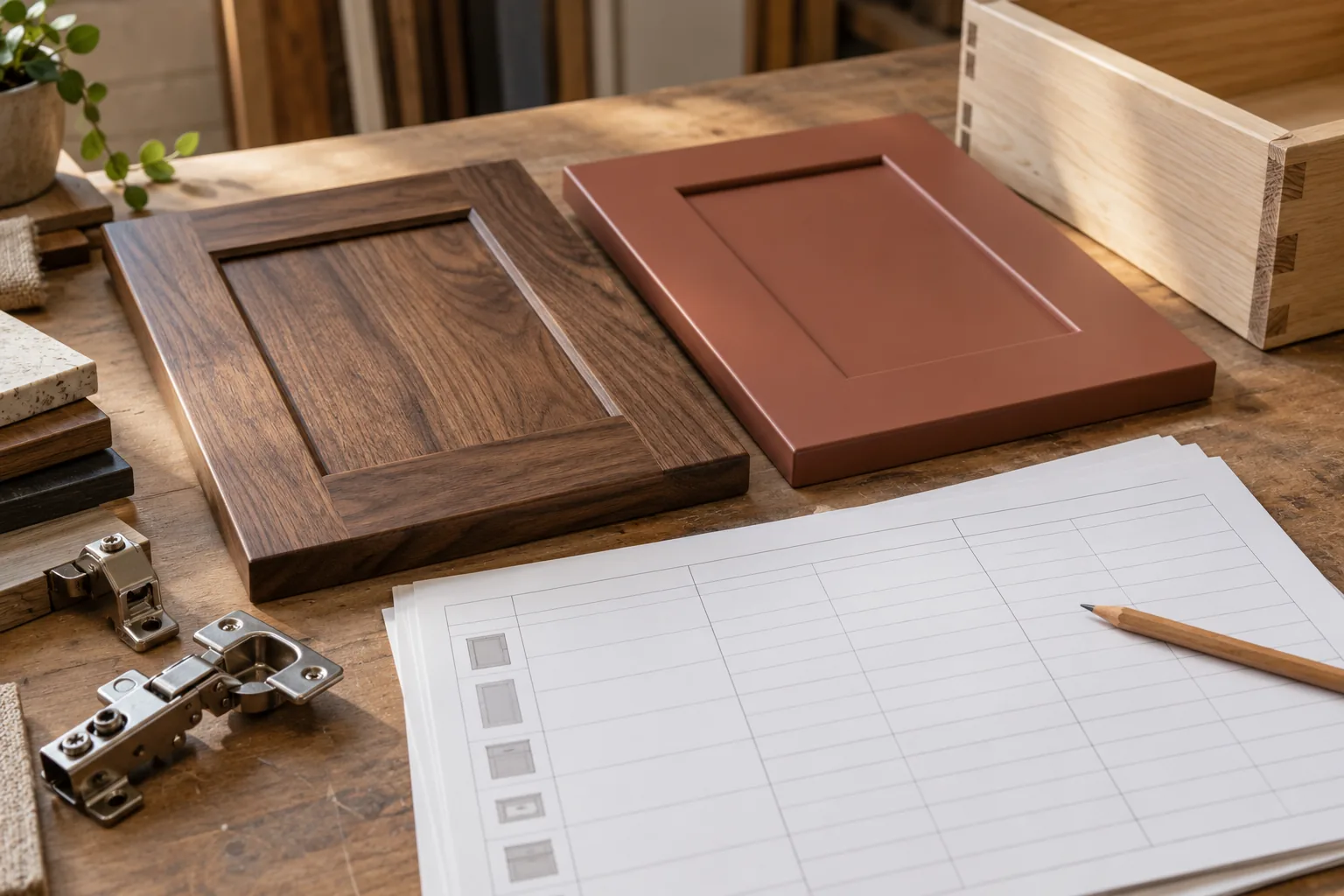 Walnut and brick-colored cabinet door samples with hinges and blank comparison sheets