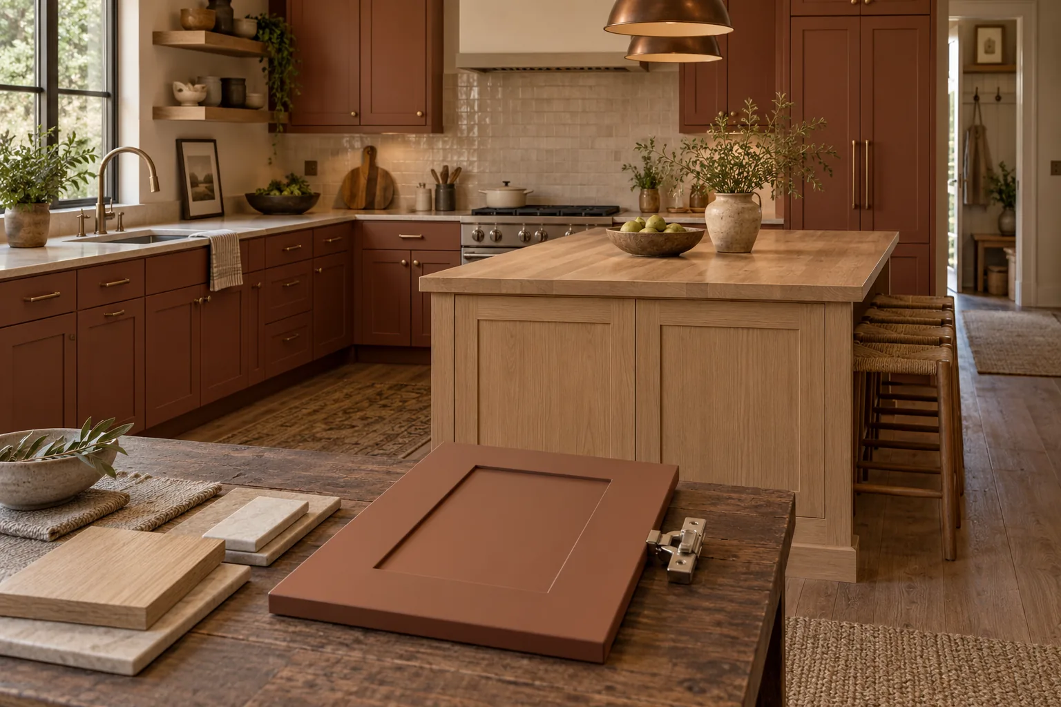 Brick-brown kitchen cabinets with an oak island and brass hardware
