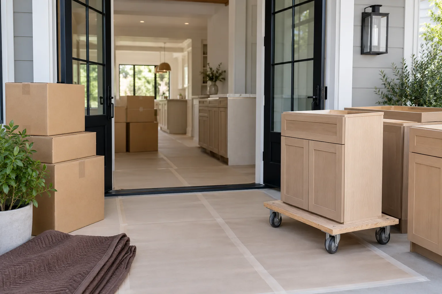 Unmarked cartons and unfinished oak cabinets on a low cart near an open entry